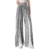 Agoeast Womens Plaid Wide Leg Pants Lace Patchwork Gingham Pants High Waist Palazzo Lounge Trousers with Pockets
