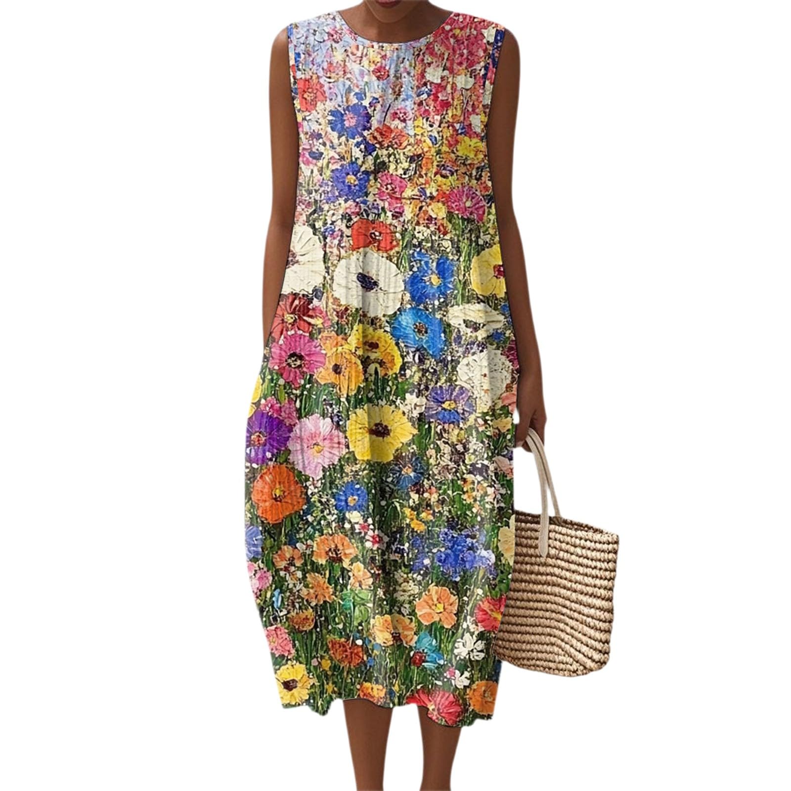 Womens Midi Dresses Summer Fall Cotton Linen Midi
