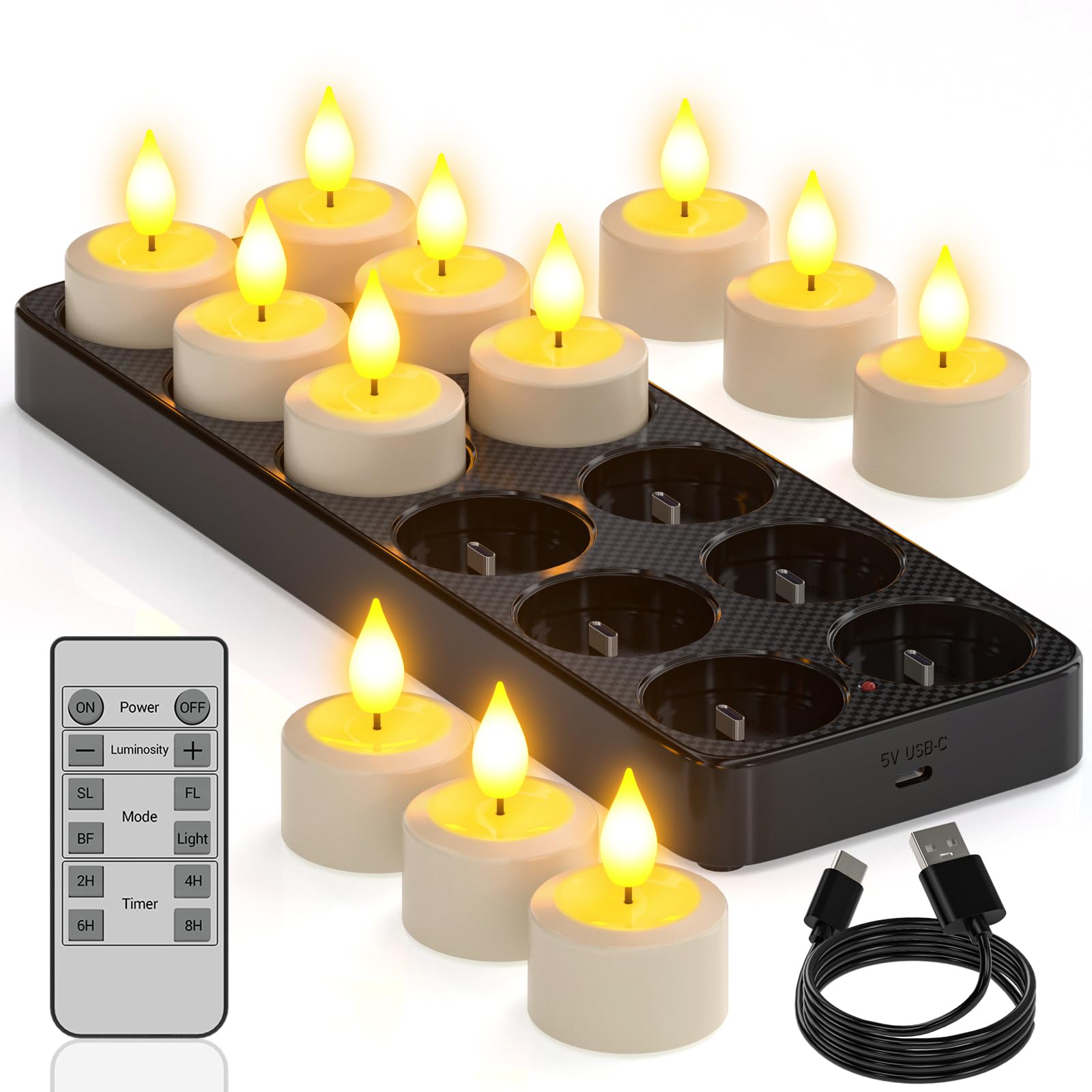 Photo 1 of Yme Rechargeable Tea Lights Candles with Charger Storage Base, 12 Pack Battery Operated LED Flameless Tealight Candles with Remote Timer for General Fireplace Halloween Pumpkins Christmas Party Decor
