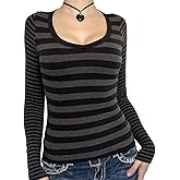 Y2k Striped Long Sleeve Shirts for Women V Neck Color Block Slim Fit Shirt Tops Fairy Grunge Aesthetic Tops