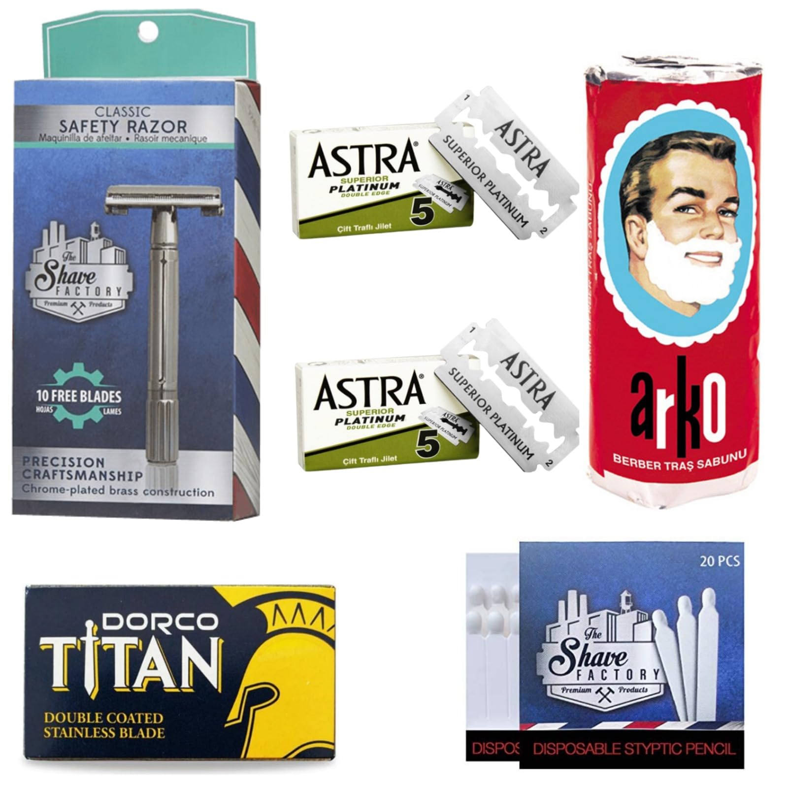 Premium Traditional Shaving Set with The Shave Factory Classic Safety Razr, Arko Shaving Soap, 10 Astra Double Edge Razor Blades, 10 DORCO Double Edge Razor Blades and 20 Styptic Matches