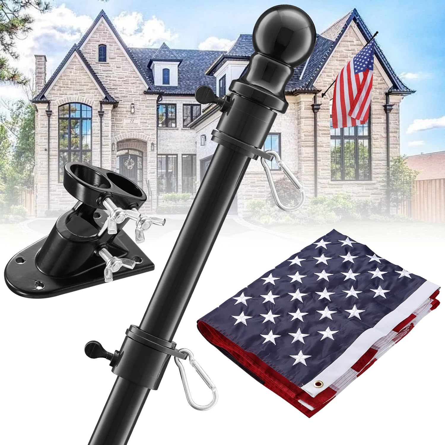 Flagpole Hardware - Flag Pole with American Flag - Tangle Free Flag Poles for Outside House with 3x5 Embroidered US Flags,Flagpole Holder Bracket - 5ft Heavy Duty Outdoor Flag Pole Kit for Porch - Black