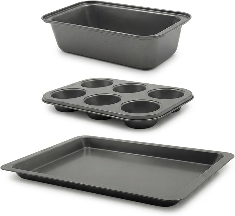 Set 3 pz: Muffin, plumcake, teglia; Antiaderente, Acciaio al Carbonio, 230°C, Grigio