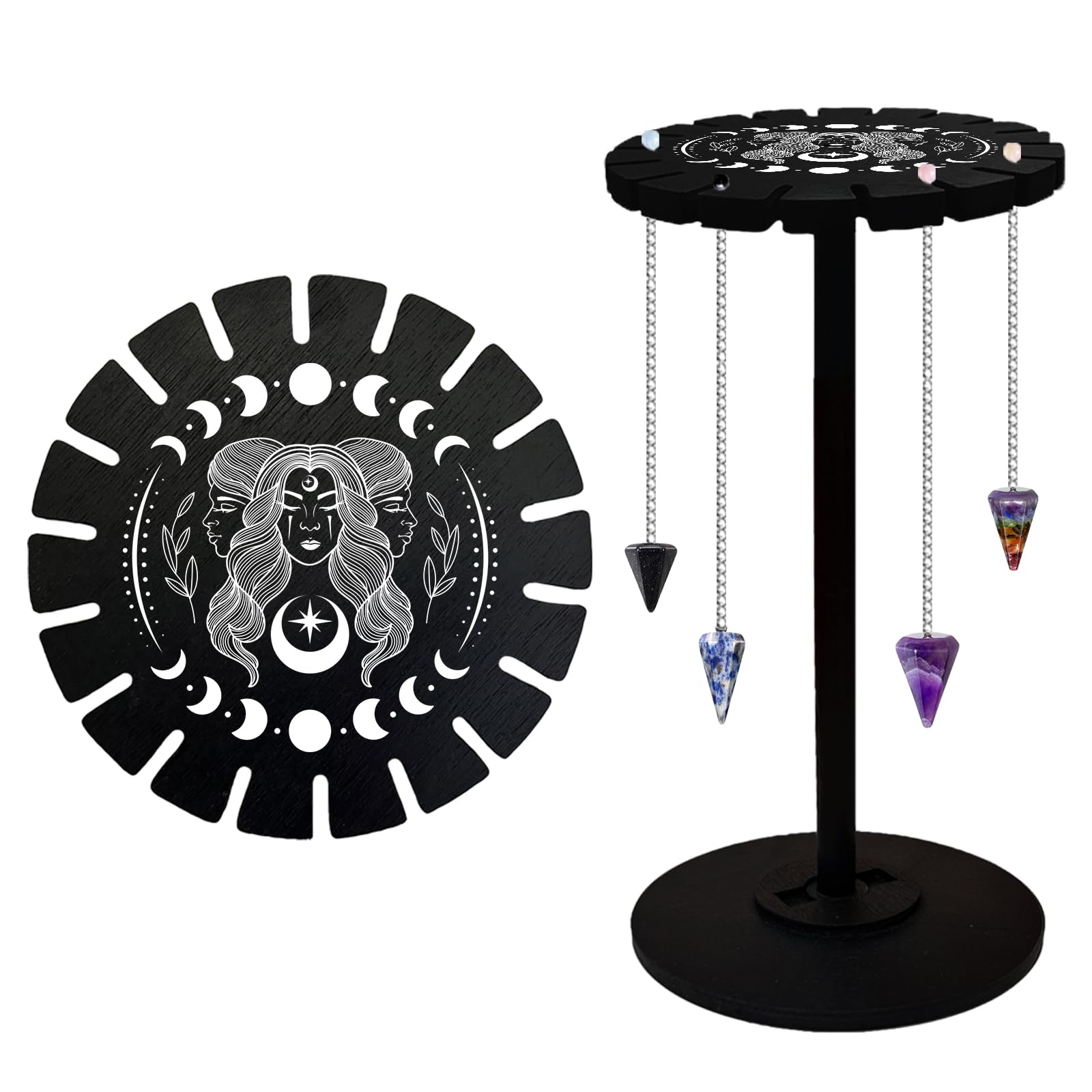 CHGCRAFT Goddess Pendulum Stand Crystal Display Shelf Black Wooden Divination Dowsing Wheel Pendulum Holder Witch Stuff Crystal Shelf Display for Stone Necklaces Witchcraft Essential Oil