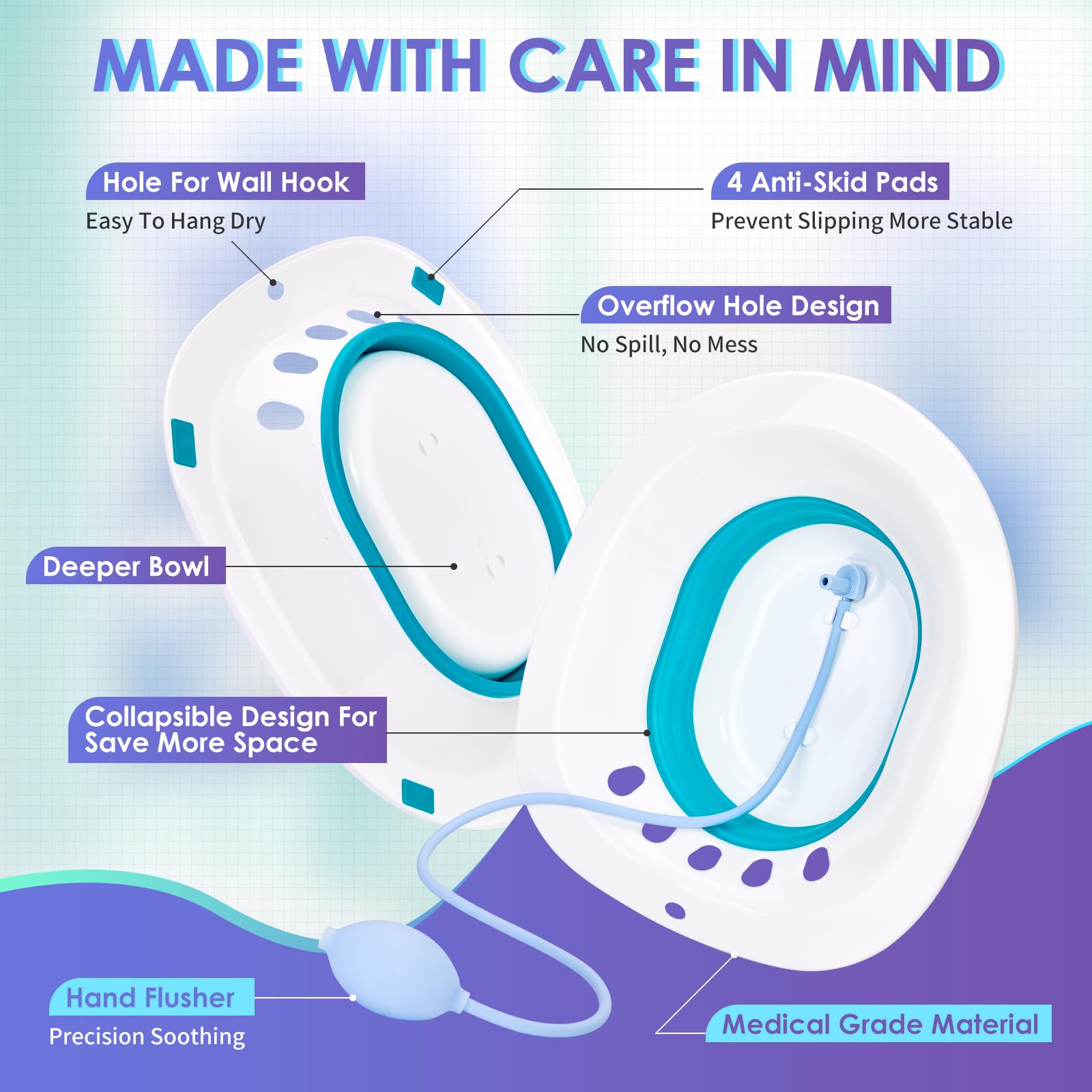 Sitz Bath for Hemorrhoids, Sitz Bath for Toilet Seat, Postpartum Care, Perineum Relief, Sits Bath Kit for Women - Collapsible, Wide Seat, Deeper Bowl - Use w/Sitz Bath Salt