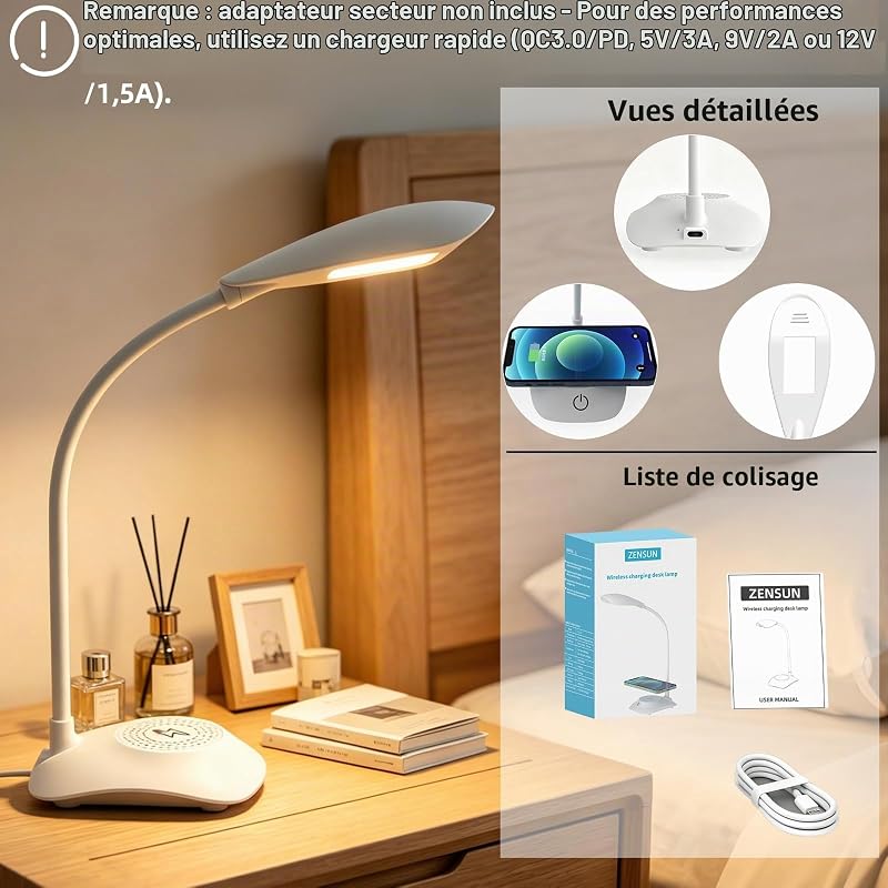 Lampe de Bureau LED avec Chargeur Sans Fil Magnétique MagSafe 15W, 3 Températures de Couleur et Dimmable, 600LM, CRI85, Col Ajustable, pour Home Office Étude Chambre, Blanc