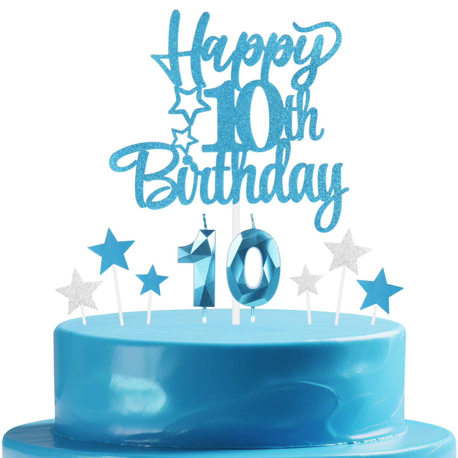mciskin Blue 10th Birthday Candles Cake Toppers Set,3D Number 10 Candle for Cake,Light Blue Candles Silver Star Toppers for Girls Boys 10th Birthday Decorations Party Supplies