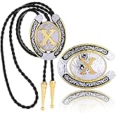 Btilasif 2 Pieces Western Cowboy Belt Buckle Bolo Tie Set Initial Letters A-Z Golden Rodeo Leather Necktie for Men Wedding