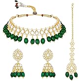 Aheli Kundan Studded Choker Necklace Jhumki Earrings & Maang Tikka Ethnic Fashion Bharatanatyam jewellery set Gift for Women