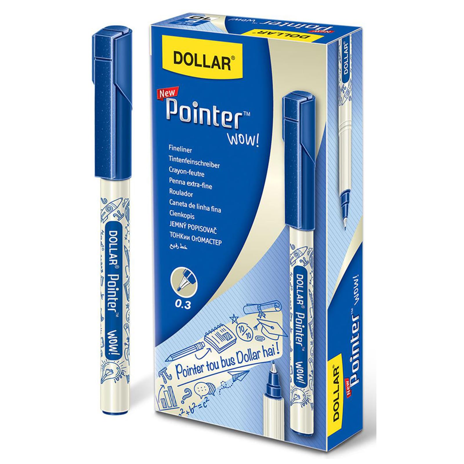 DOLLAR Wow Fineliner Pens, BLUE, Fine Tip (0.3mm), Pack of 10, Precise Fine Writing, Write Draw Sketch Colour Pens, Ideal for School Office Home Use