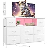 Somdot White TV Stand, Dresser for Bedroom for 55 inch TV with Charging Station and LED Lights, Media Console Table with 8 Drawers, Open Shelf, Adjustable Feet,Living Room Furniture