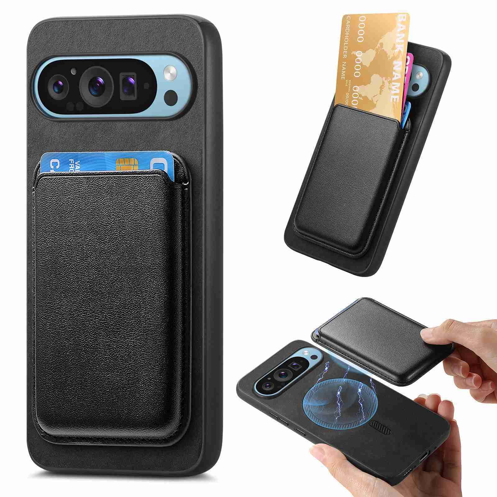 Magnetic Case for Google Pixel 9 Case Pixel 9 Pro Case with Card Holder, Compatible with MagSafe, Detachable Wallet Slots Protective Slim Vegan Leather Shell Silicone Bumper Case, Black