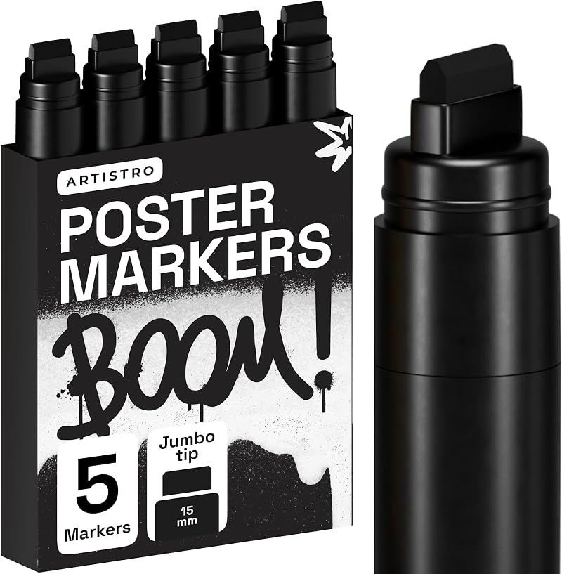 ARTISTRO 5 Black Acrylic Paint Pens Jumbo Tip Water-Based Multisurface