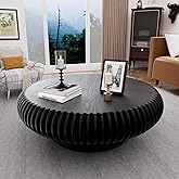 39.3" Drum Coffee Table Modern Unique Fluted Tea Table Contemporary Wood Round Coffee Table with Fluted Centry Table for Livi