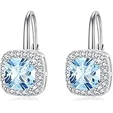 Cushion Cut Halo Earrings Solid 925 Sterling Silver Hypoallergenic Classic Square 7mm CZ Leverback Birthstone Earrings Jewelry Gifts for Women