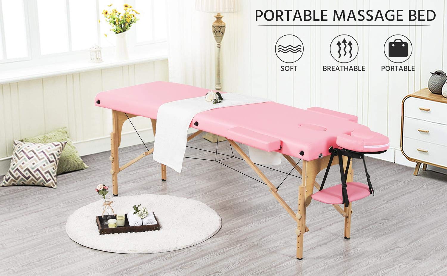 Yaheetech Fold Up Massage Spa Bed Facial Tattoo Salon Bed 2 Folding Massage Table Pink Beauty
