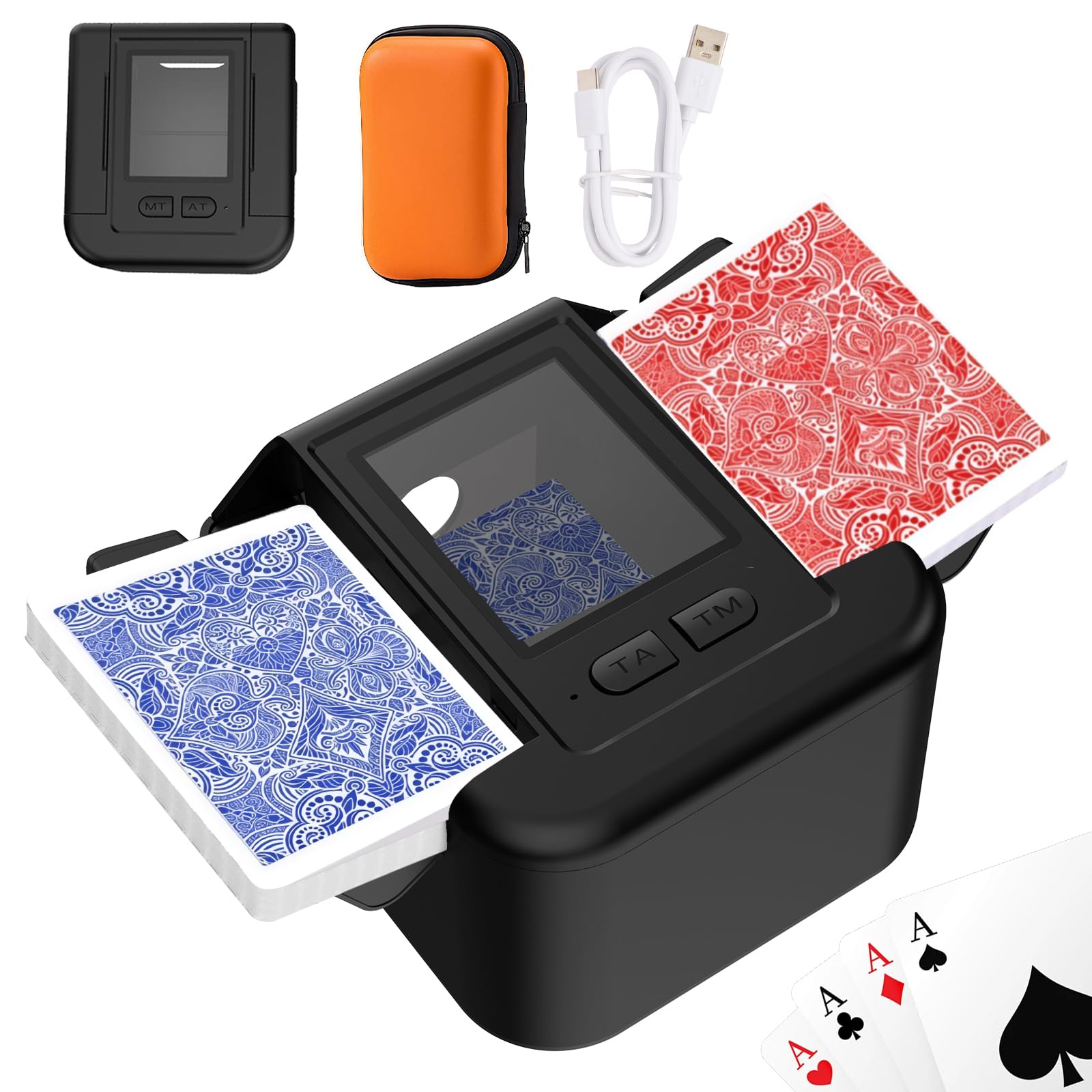 Automatic Card Shuffler Rechargeable for 1-2 Decks, USB-C Charge, Low Noise Fast Shuffler, Foldable Portable Auto Shuffler for UNO Skip-Bo Canasta Texas Hold'em + Playing Card Case (M2-Black)