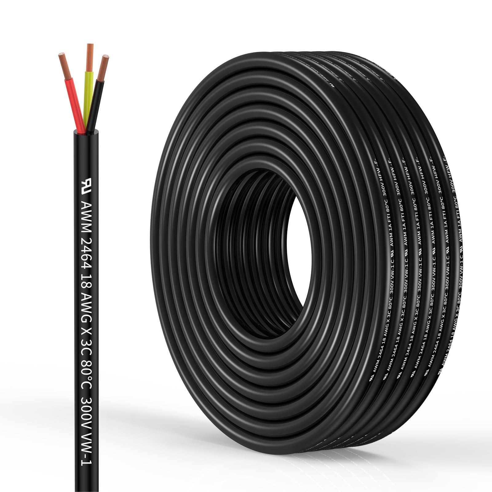 Photo 1 of 18 Gauge 3 Conductor Electrical Wire Oxygen-Free Copper Cable 10FT/3.1M Flexible Low Voltage Cable for LED Strips Lamps Lighting Residential Wiring car Circuit(18/3AWG-10FT)
