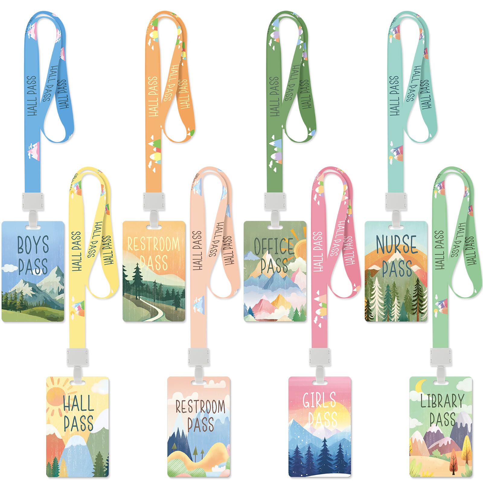 Photo 1 of 8 Set PVC Hall Pass Lanyards Mountains Unbreakable Hall School Passes Teacher Supplies for Classroom Elementary Middle School Bathroom Library Office Nurse