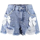 Ecolala Girls Jean Shorts Pearl Bownot Ripped Distressed Cute Straight Leg Denim Shorts