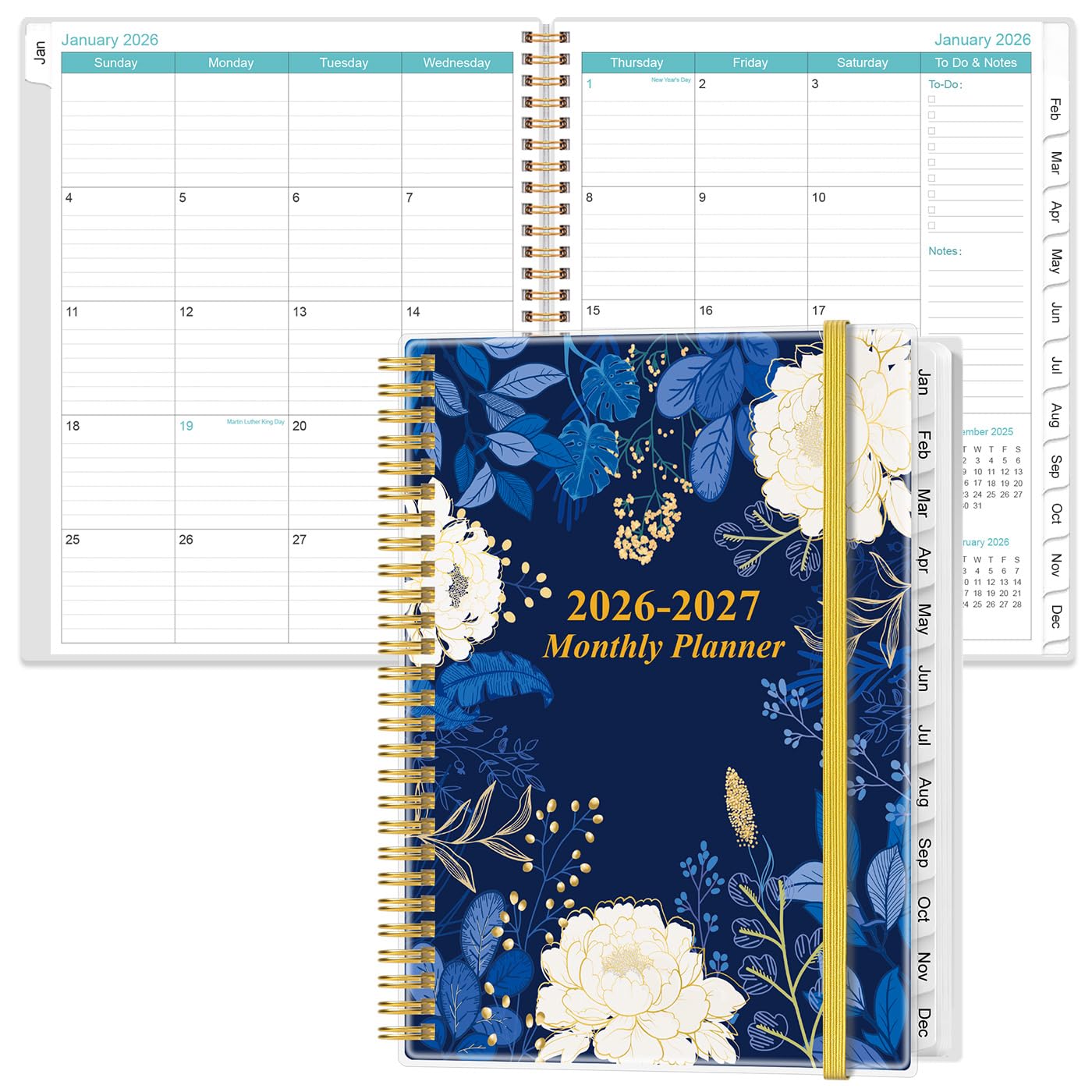 Photo 1 of 2026-2027 Monthly Planner - 18 Monthly Calendar, January 2026 - June 2027, Two Pages Per Month, 9" x11" Planner with Tabs, Strong Twin-Wire Binding, Inner Pocket, Blue Leaf Flower