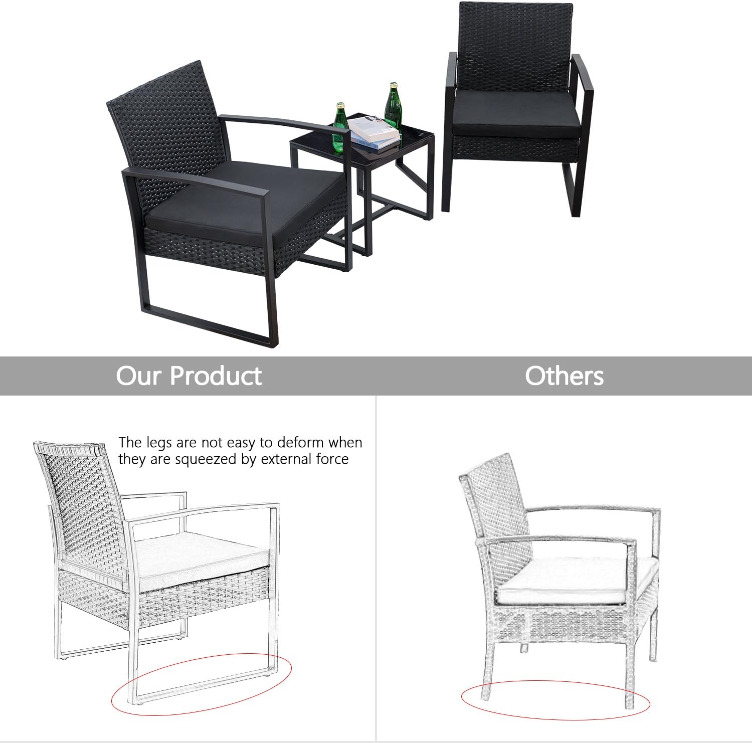 Flamaker 3 Pieces Patio Set Outdoor Wicker Patio Furniture Sets Modern Bistro Set Rattan Chair Conversation Sets with Coffee Table for Yard and Bistro (Black): Garden & Outdoor