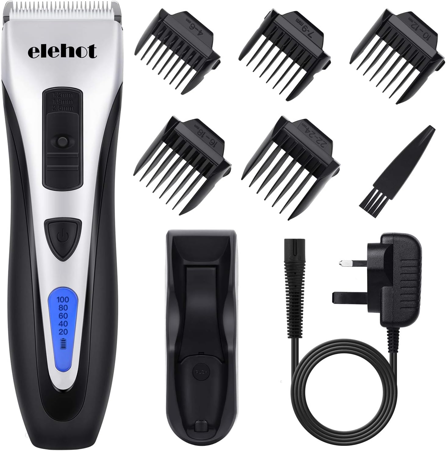 Hair Clippers Set for Men Beard Trimmer Men LCD Digital Power Display Pop-up Fixing Bracket Charge Base Cordless Hair Trimmer Ceramic Blade Brush (Silver) ELEHOT