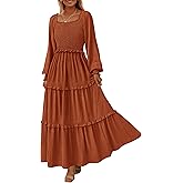 PRETTYGARDEN Fall Dresses for Women 2026 Long Sleeve Smocked Square Neck Swiss Dot Tiered Flowy Wedding Guest Maxi Dress