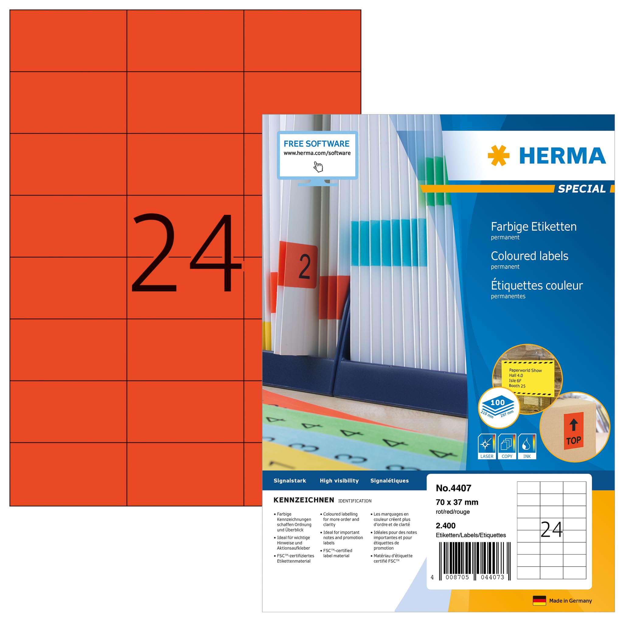 HERMA Self Adhesive Coloured Labels, 24 Labels per A4 Sheet, 100 Sheets, 70 x 37 mm, 2400 Labels, Blank Colour Labels Stickers, Sticky Labels for Laser & Inkjet Printer, Red