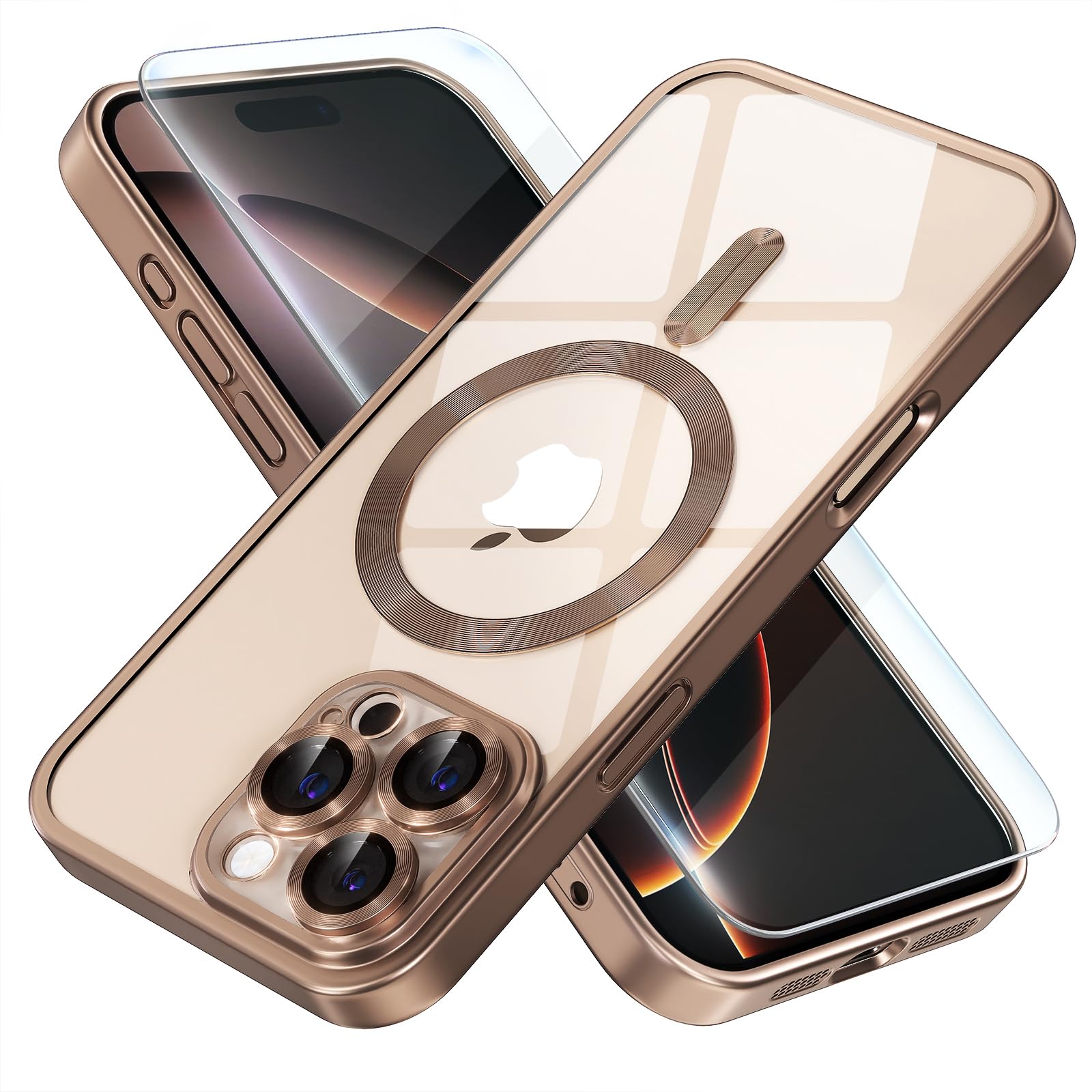 Photo 1 of Misea Magnetic for iPhone 16 Pro Case Compatible with MagSafe [Never Yellowing] [Military Grade Drop Protection] Full Camera Lens Protector Plating Soft Clear Phone Case for Women, Titanium Desert