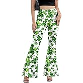 St Patricks Day Bell Bottoms Leggings for Womens, Plus Size High Waisted Printed Flare Legging Bell Bottoms Green Pants White