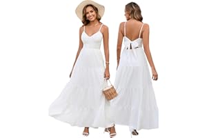 HTZMO Women Casual Summer Floral Maxi Sundress V Neck Spaghetti Strap Bow Tie Backless Flowy Boho Beach Long Dress 2025