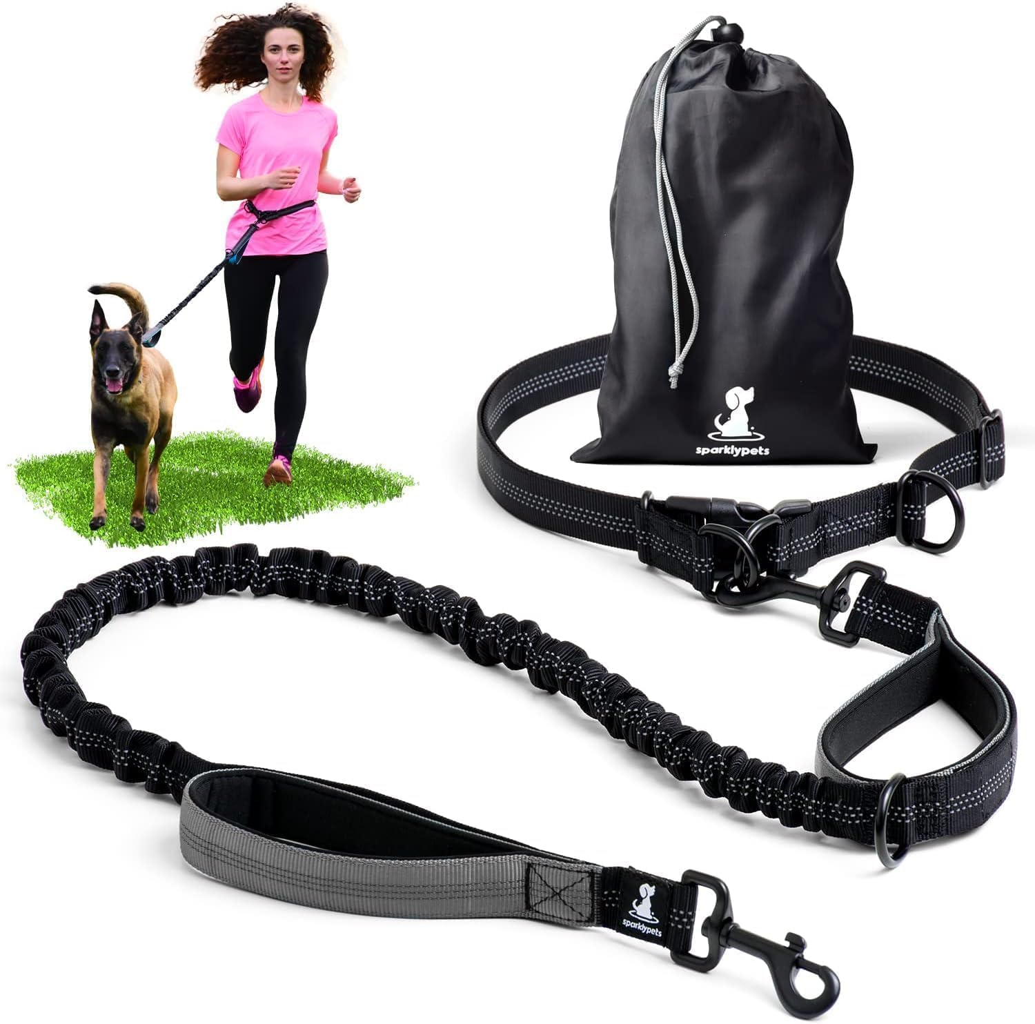 SparklyPets Hands Free Dog Lead for Medium and Large Breeds – Professional Waist Leash for Walking, Hiking, Training, Jogging, Canicross, Running with Reflective Stitches (Gray, For 1 Dog)