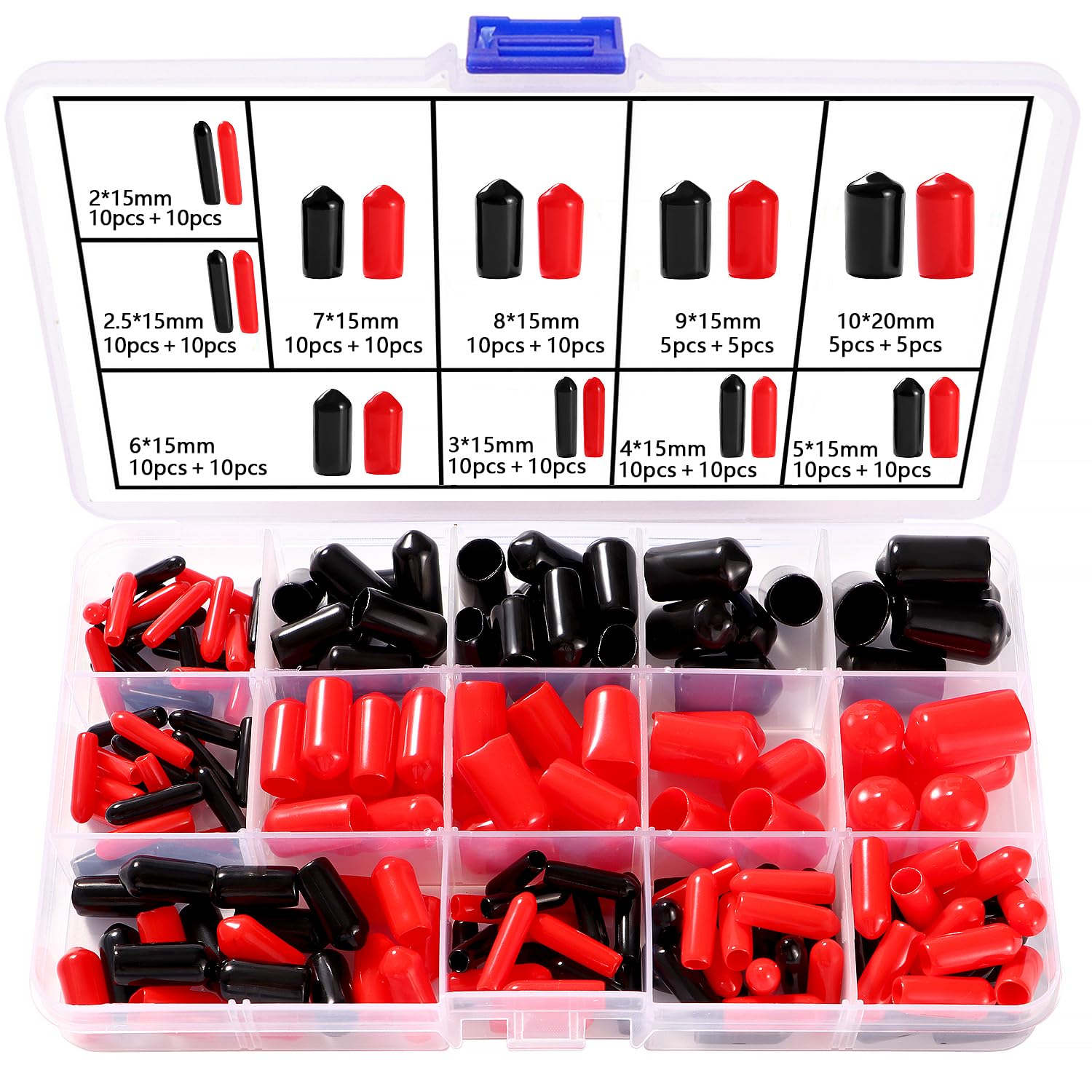 YIXISI 180 PCS 10 Sizes 2-10 mm Rubber End Caps Assortment Kit, Round Flexible Screw End Caps, Thread Protectors, for Protection of Screws, Tubes, Cables, Wires