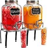 2 Pack1 Gallon Glass Drink Dispensers For Parties,Beverage Dispenser with Stand,304 Stainless Steel Spigot Leakproof,Lemonade Dispenser for Sun Tea, Homemade Juice