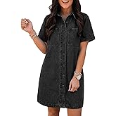 EMMIOL Button Down Denim Dress for Women - Short Sleeve Babydoll Mini Jean Shirt Dresses Summer Casual Trendy Outfits