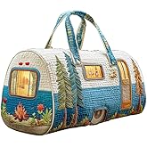 Whimsical RV Quilted Travel Duffle Bag Funny Shopping Work Canvas Bag Large Carry-On Gym Bag (Blue, 18" x 9" x 9")