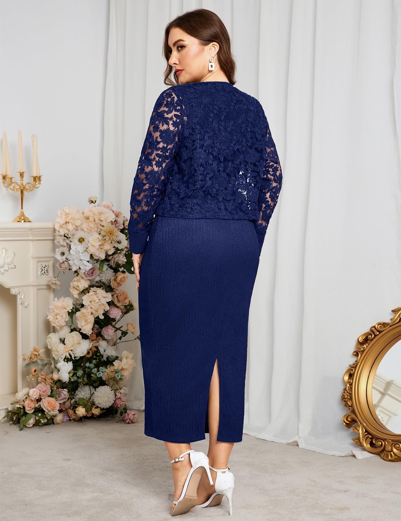 Condition photo showing As Is for zomva plus size mother of the bride groom dresses with jacket elegant lace maxi dress 2 piece set fo