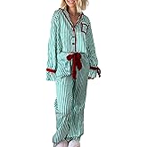 MBZJSDKHLK Womens Christmas Pajama Set Bow Tie Striped Printed Long Sleeve Button Down Shirt Pants 2Pcs Pjs Sets Sleepwear