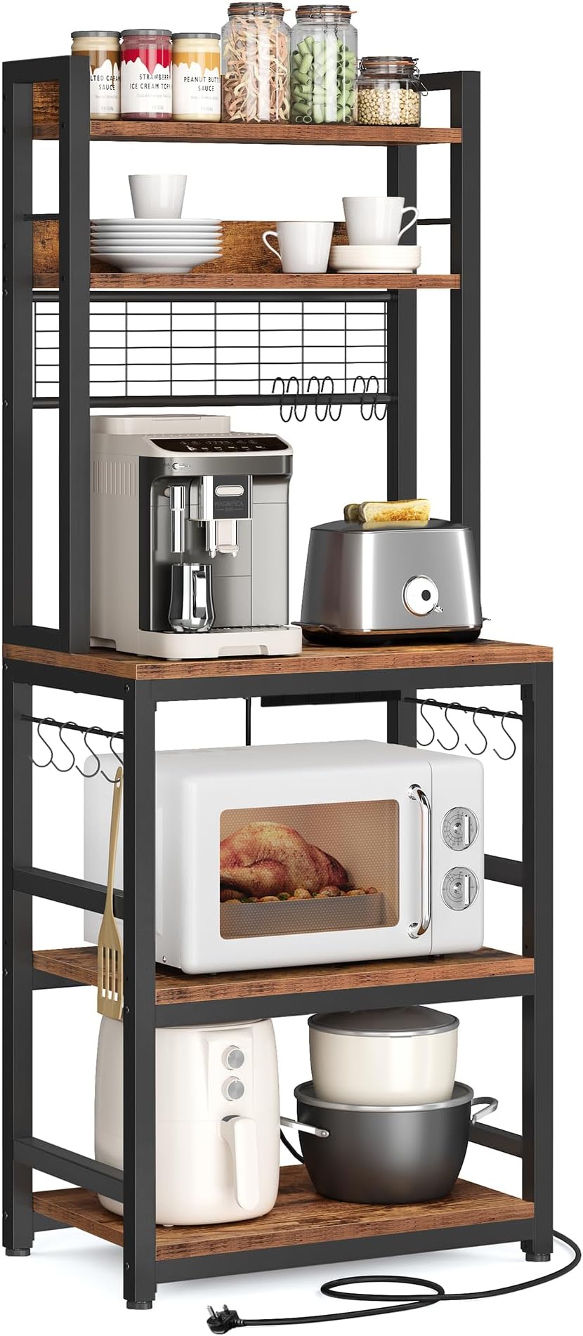 VASAGLE Kitchen Storage Rack with Power Outlet, Rustic Brown & Black