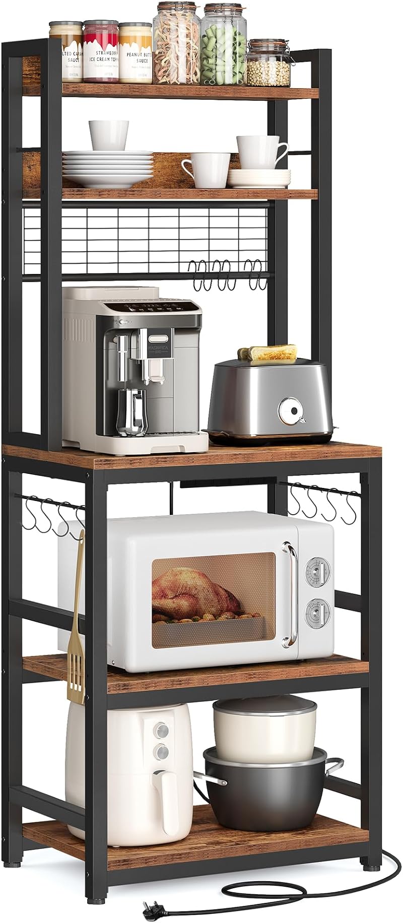 VASAGLE Kitchen Storage Rack with Power Outlet, Rustic Brown & Black