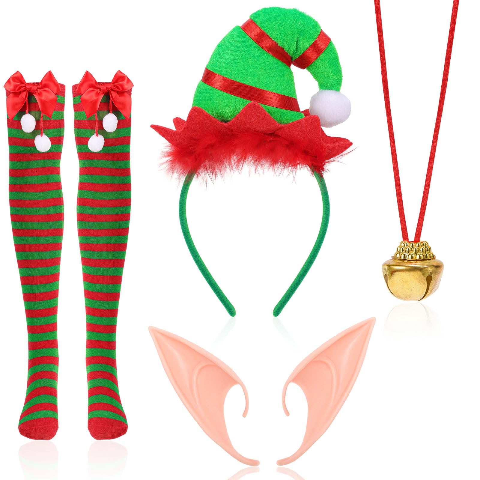 HOWAF Elf Costume, Christmas Elf Hat Christmas Headband Hairband, Fairy Ears, Stripe Stockings, Bell Necklace for Women Men Christmas Costume