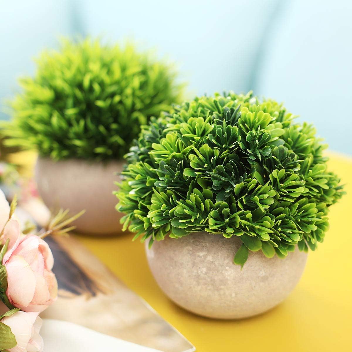 UltraOutlet 2 Pack Small Artificial Plants Centerpiece in Pot Fake Mini Decorative Potted Topiary Shrubs for Office, Home, Inddor, Room Decoration, Green -