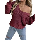 Chvity Women's Slouchy Off The Shoulder Knit V Neck Sweater Fall Winter Trendy Cozy Pullover Sweaters Wine Red