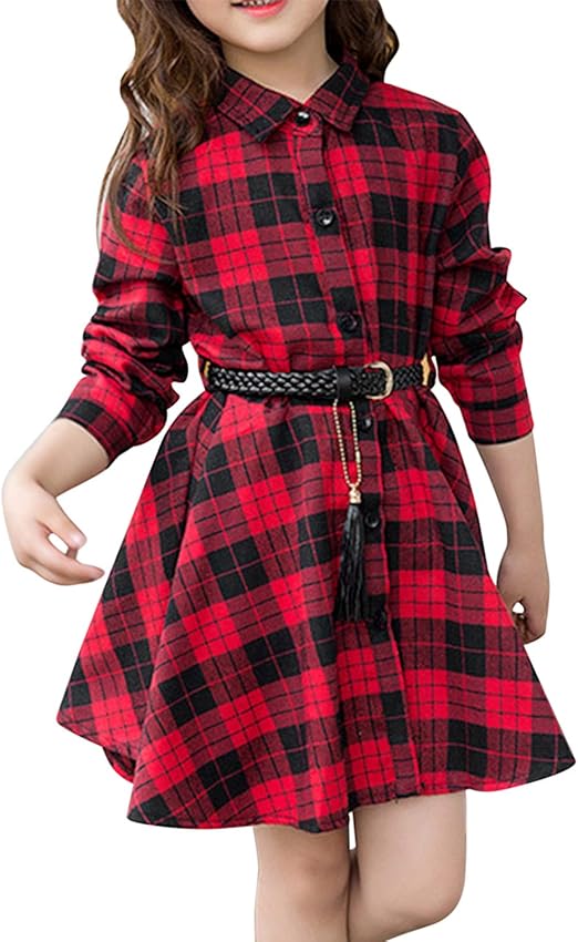 De feuilles Kids Girls Long Sleeve Shirt Dress Button Through Plaid