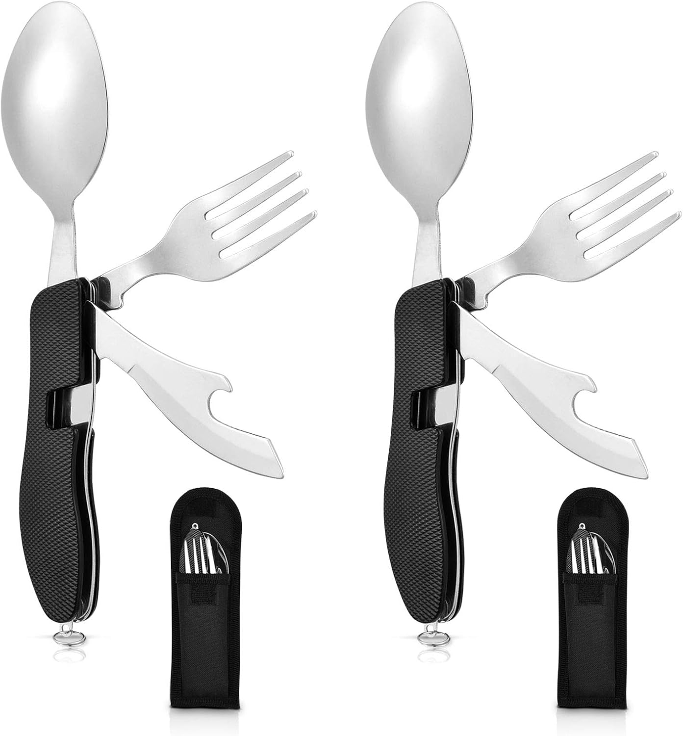 Hikenture Camping Utensils with Case 4-in-1 Folding Flatware Stainless Steel Fork Knife Spoon Bottle Opener Travel Cutlery Hobo Multitool Set(Black 2 Pack) : Sports & Outdoors