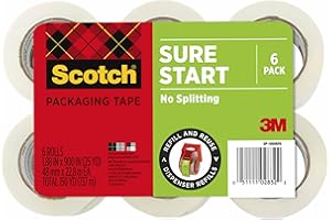 Scotch Sure Start Packing Tape, Clear, Holiday Wrapping Tape with Quiet Unwind and Easy Start, 1.88 in. x 25 yd., 6 Tape Rolls, Packaging May Vary
