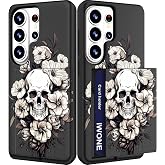 IWONE for Samsung Galaxy S26 Ultra Case - Black Floral Skull | Phone Wallet Slot Cases with Card Holder, Cute Floral Cover Shockproof Drop Protection for Women