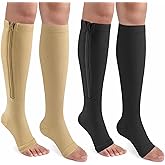 CASMON 2 Pairs Zipper Compression Socks for Women & Men, 15-20 mmHg Open Toe Knee High Support Socks for Varicose Vein Edema