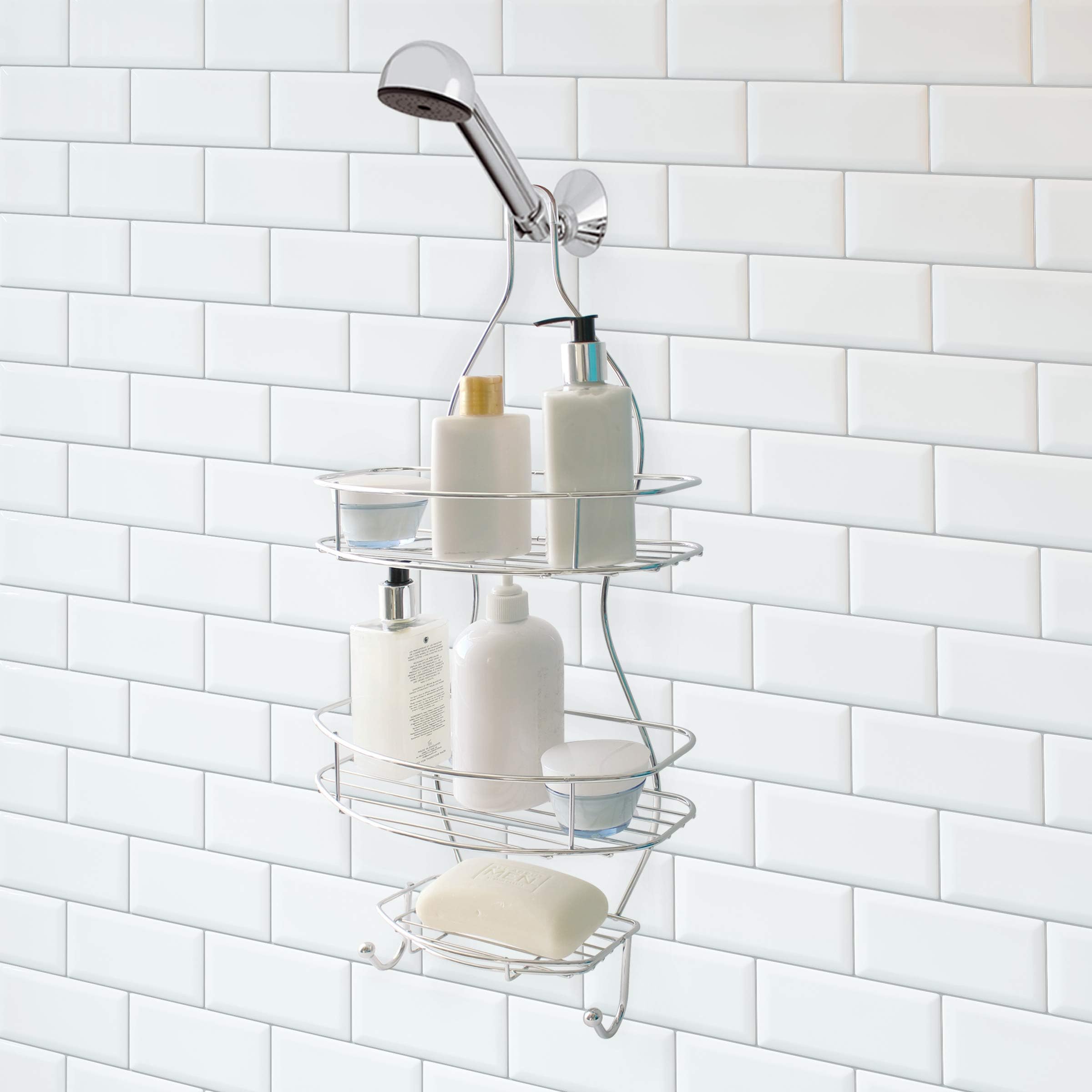 Splash Home Malka Shower Caddy Bathroom Hanging Head Two Basket Organizers Plus Dish for Storage Shelves for Shampoo, Conditioner and Soap - Chrome